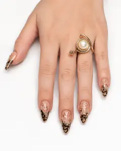 Luxury Leopard French Tip Press On Nails Gold Foil Nude Almond Nail Set