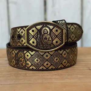 Golden “San Judas” Version 2 Laser Cut Leather Belt with Metal Buckle