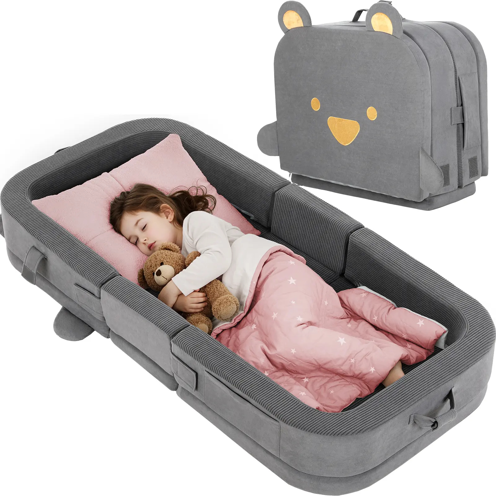 【fathersdaygift】TLGREEN Foldable Toddler Travel Bed, Portable Toddler Floor Bed with Soft Foam for Baby and Kids Aged 1-4,with Washable Cover, Safety Rail, for Home,Hotel,Family Visits,Camping, Grey, Folding Cot Layer, mothers day gift