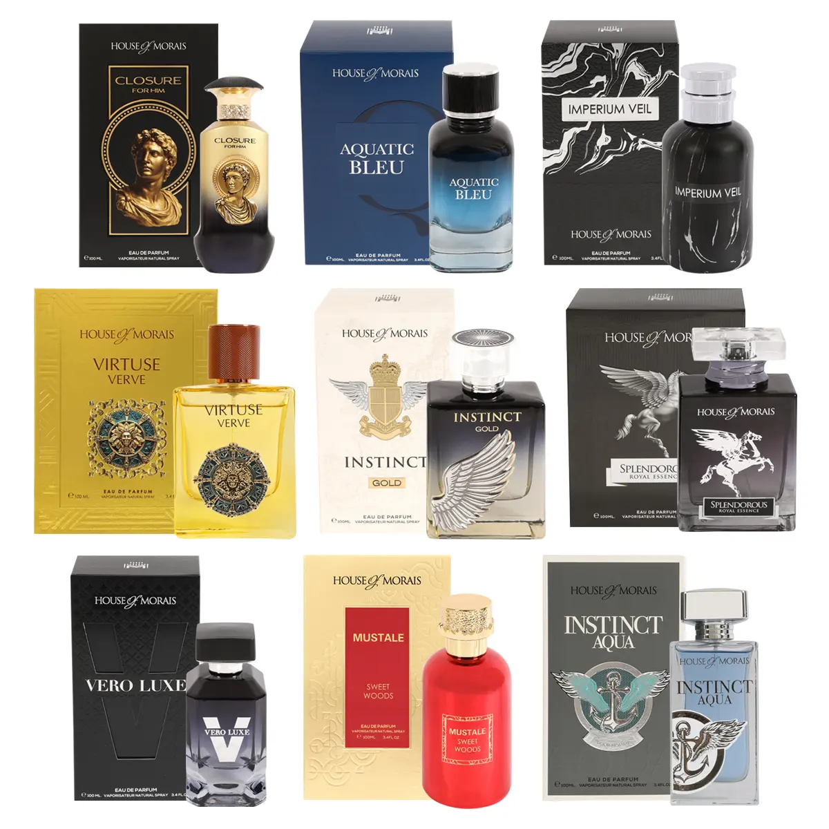 House of Morais Men's Creator Package 5 - Perfume Set of Closure(HM035), Virtuse Verve(HM023), Aquatic Bleu(HM040), Imperium Veil(HM026), Instinct Gold(HM039), Vero Luxe(HM033), Mustale(HM029), Splendorous(HM001), Instinct Aqua(HM004) Natural Spray 100Ml