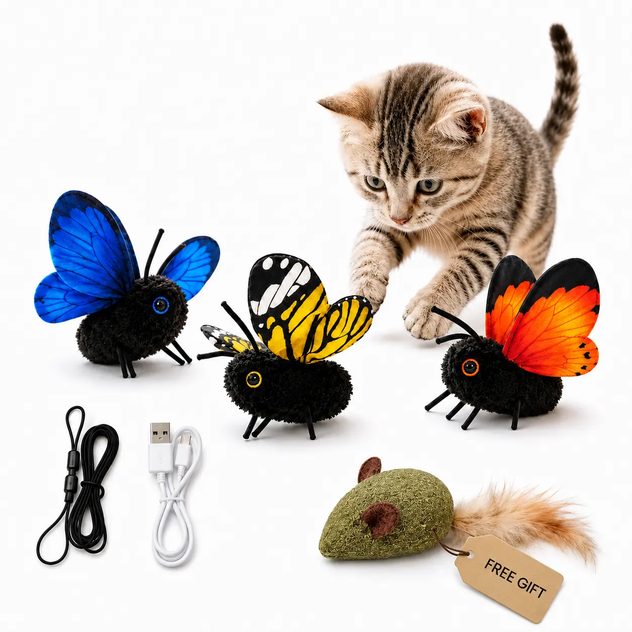 Universal Interactive Electric Butterfly Cat Toy Set Bundle - USB Rechargeable Hanging Teaser Toy, 3 Flying Modes, Bonus Plush Feather Catnip Mouse, Washable Cover, Chase & Pounce Fun for Indoor Cats