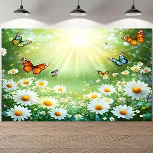 1PC,2D Flat Spring Daisy Butterfly Photography Backdrop, Floral Meadow Sunshine Background Cloth for Photo Studio, Children Adult Portrait Props, Live Stream Decoration, Indoor Outdoor Shooting Backdr