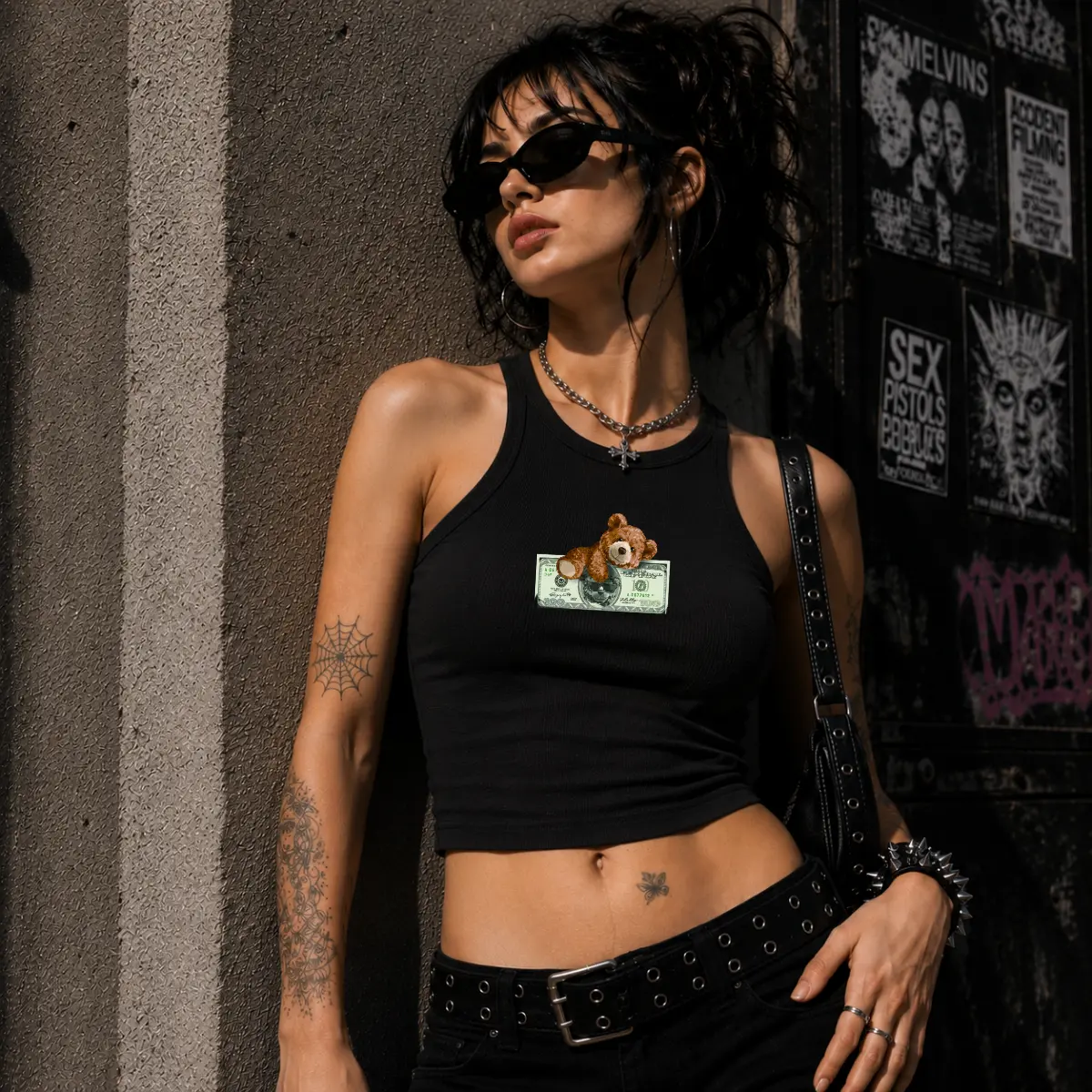[Printed] Money Bear Women’s Tank Top, Dollar Graphic Sleeveless Top, Y2K Streetwear Summer Shirt, Trendy Gift for Her