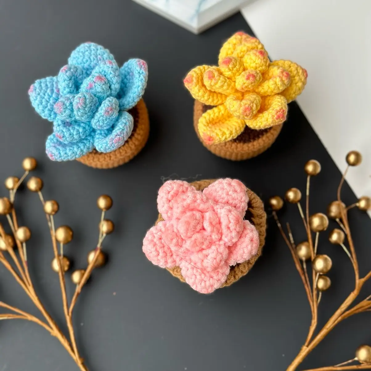 Crochet Succulent Plant Gift Unique Handmade Decor for Home, Office, Car Boho Wall Decoration with Pot Flowers Housewarming Gift Idea Kitchen Colorful Decoration Scent Decorative Cotton Outdoors Yarn
