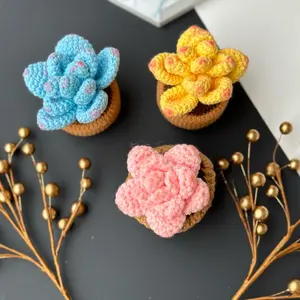 Crochet Succulent Plant Gift Unique Handmade Decor for Home, Office, Car Boho Wall Decoration with Pot Flowers Housewarming Gift Idea Kitchen Colorful Decoration Scent Decorative Cotton Outdoors Yarn