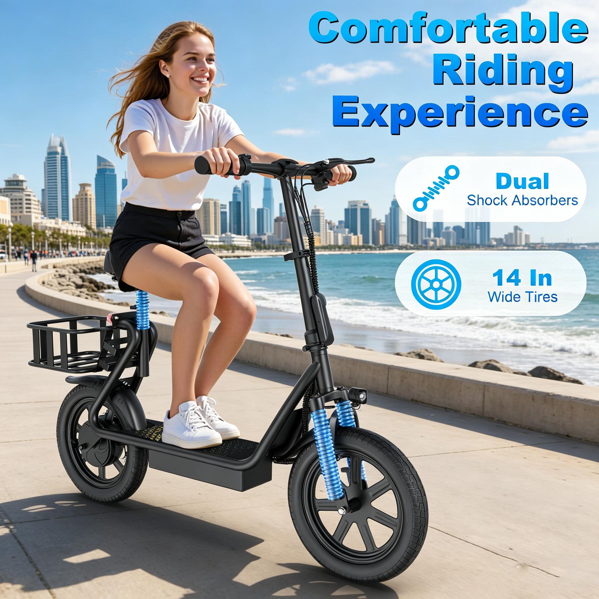 B Comfortable Seated Electric Scooter for Adults 48V 10.4Ah Battery Up to 22MPH Speed 21-27 Miles Range Pet-Friendly Design with Sturdy Rear Basket