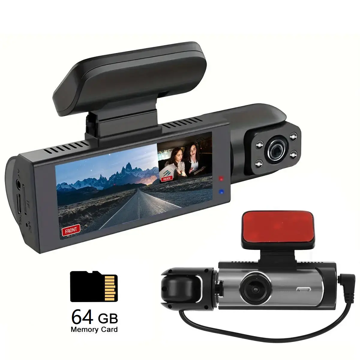 Front & Rear Dash Cam for Cars, Dual-Lens Car Dashboard Camera with 64GB Card, Wide-Angle Recording, IR Night Vision, HD 3.16-Inch IPS Screen Automotive Video Recorder, HD Driving Recorder (Plug-In Use), Dashcams for Cars, Automotive Dashcam