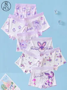 8-piece set of girls' regular-style crotch underwear with cat and rabbit prints, comfortable and breathable, suitable for toddlers learning to walk.