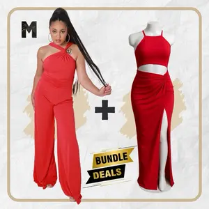 The Fire Red Dress & Red Jumpsuit Bundle Deal - Medium Size Flattering Combo Set for Women Womenswear Elegant Matching Style Sleeveless Spot