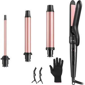 4 in 1 Curling Iron with Interchangeable Ceramic Barrels (0.35"-1.25"), Curling Wand Set with Flat Iron Hair Straightener, Dual Voltage Hair Curler, 2 Temps Fast Heat Hair Waver Curler for Gifts for Women