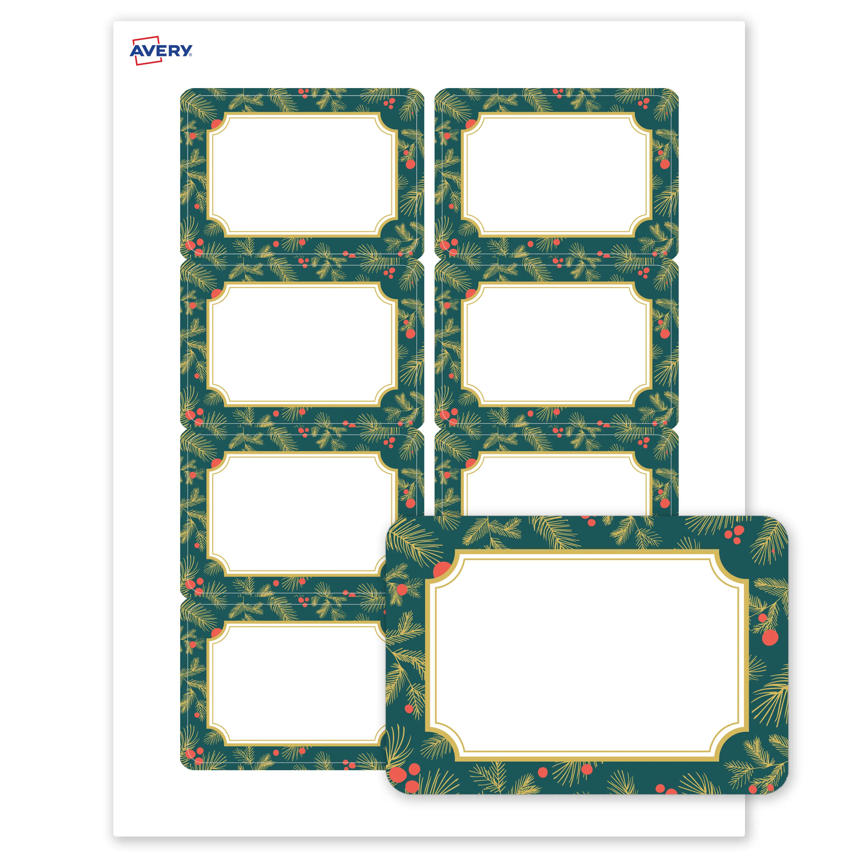 Avery® Printable Christmas Adhesive Name Tags, 2-1/3" x 3-3/8", Matte White, Pre-printed Teal & Metallic Gold Frame Design, Laser & Inkjet Compatible, 160 Total, Great for Branding, Marketing, and Events