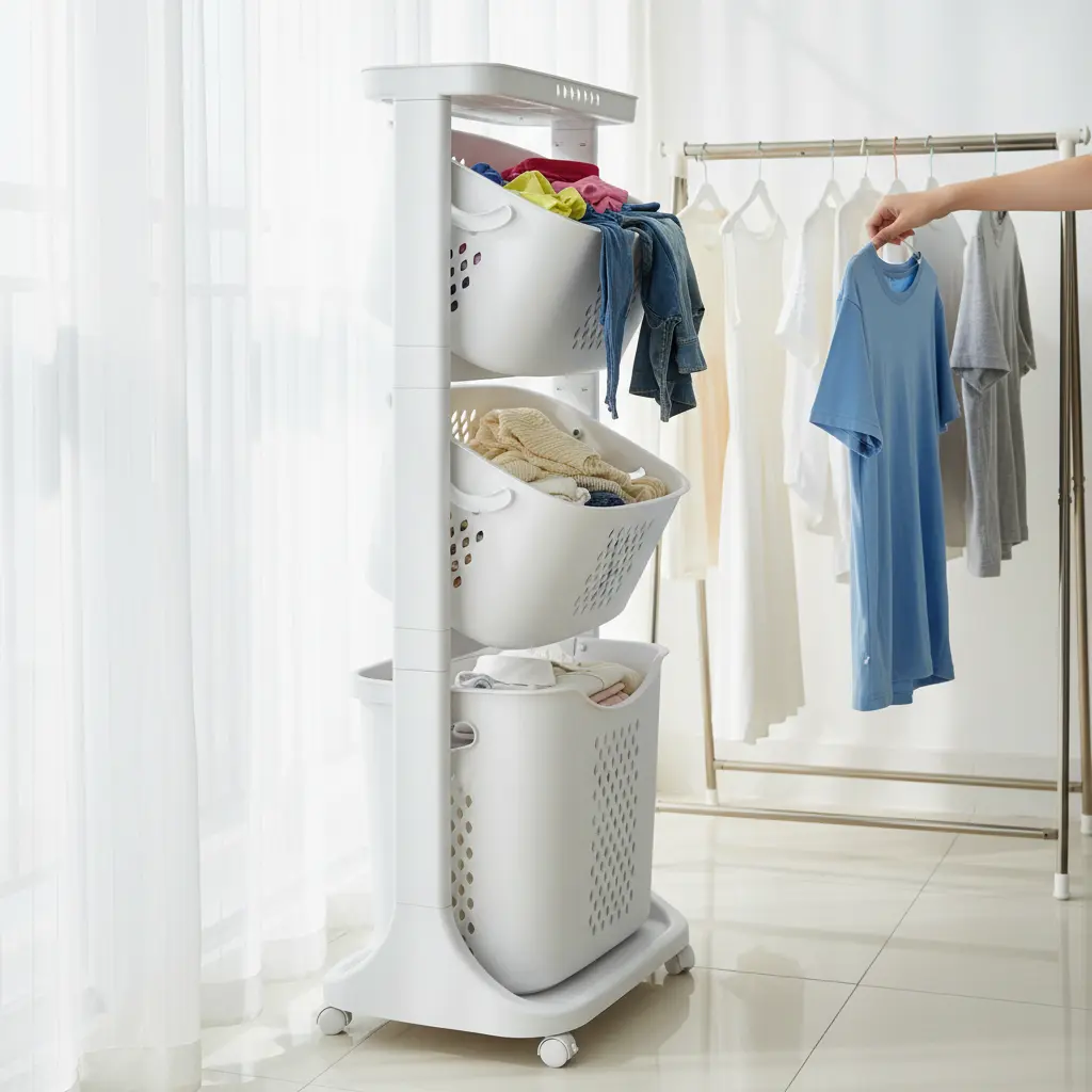 3-Tier Durable Laundry Bin Sorter - PP Injection-Molded Wheeled Laundry Basket Cart with 360° Pulley, Handle, Smiley Arch Design for Bathrooms, Bedrooms, Father-Son High School Graduation Gift