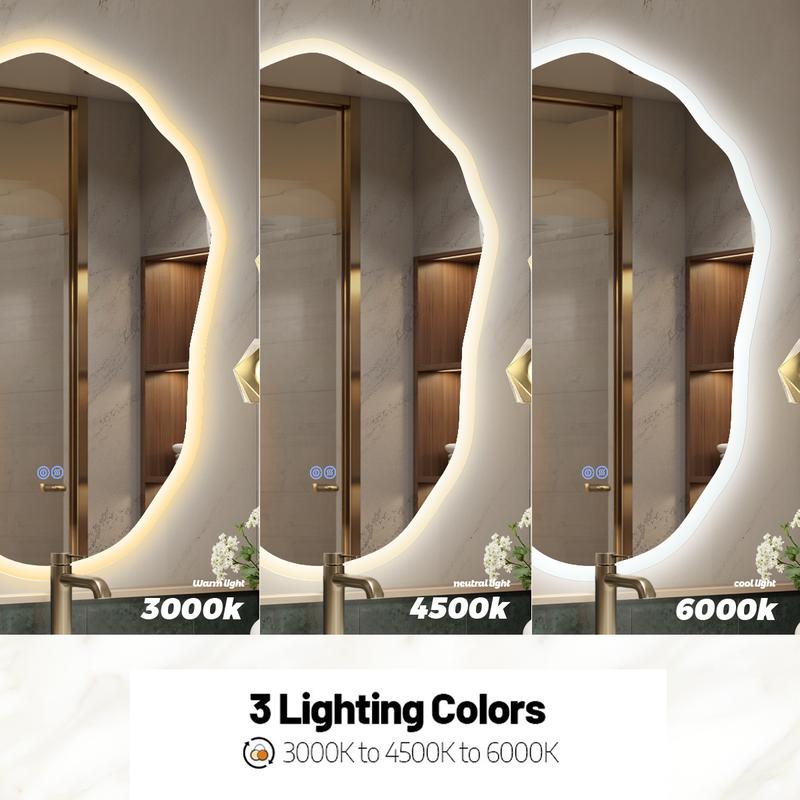 Irregular Shape Frameless Lighted Bathroom Vanity Mirror Backlit Front Lit Dimmable Anti Fog Wall Mounted Modern Design