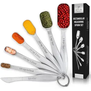 Rectangular Measuring Spoon Set With Leveler - 7 Piece Kitchen Stainless Utensils Steel