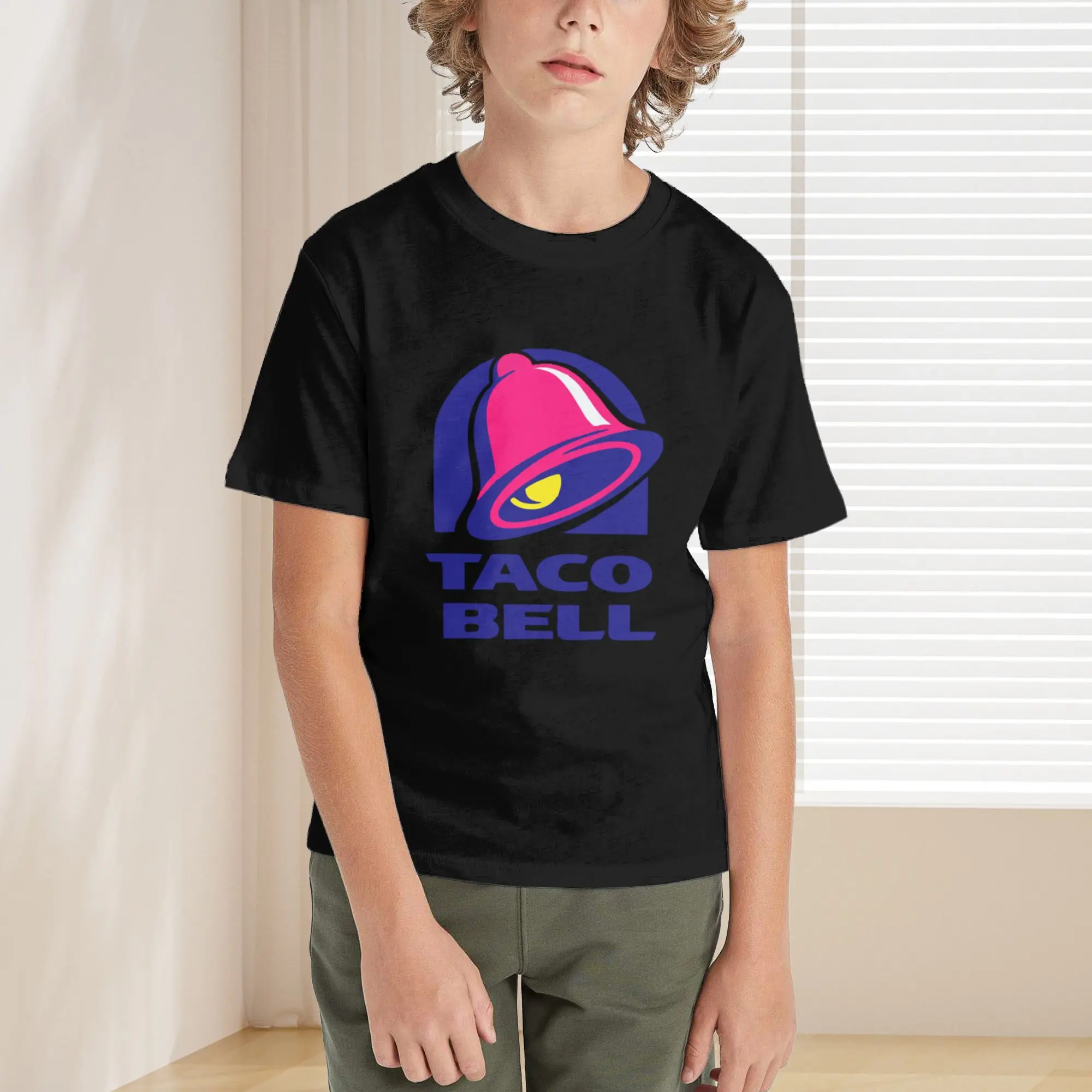 Fun TACO BELL emoji pattern T-shirt for kids, casual round neck short sleeve, 100% pure cotton, comfortable and stylish, machine washable, perfect gift for game day parties, toddler cartoon T-shirt, cool, soft and breathable children's clothing.