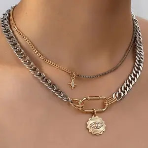Layered Necklaces for Women – 2PCS Mixed Metal Necklace Set with Gold & Silver Chains, Evil Eye, Star & Spike Charms, Chunky Stackable Pendant Jewelry, Birthday Gift for Her, Easter Basket Stuffers