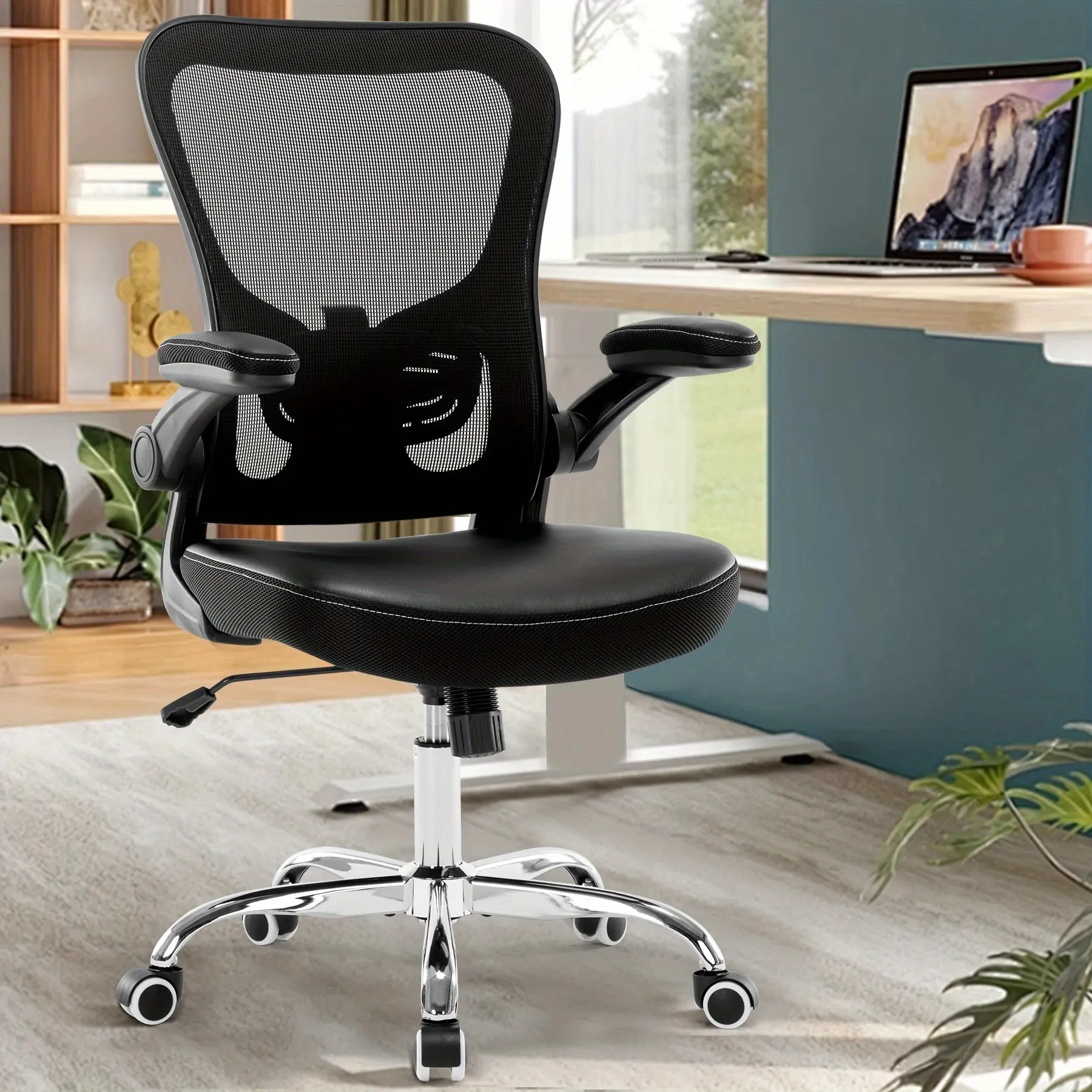 Office Chair, Ergonomic Desk Chair, Mesh Computer Chair With PU Leather Flip-up Armrest, Home Office Chair With Lumbar Support, Adjustable Executive Mid Back Task Chair, Rolling Swivel Office Chairs ergonomic office