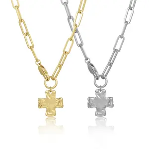 1/2PCS Gold/Silver Chunky Cross Necklace for Women, Vintage Statement Cross Pendant Necklace Layered Hammered Bold Cross Necklace