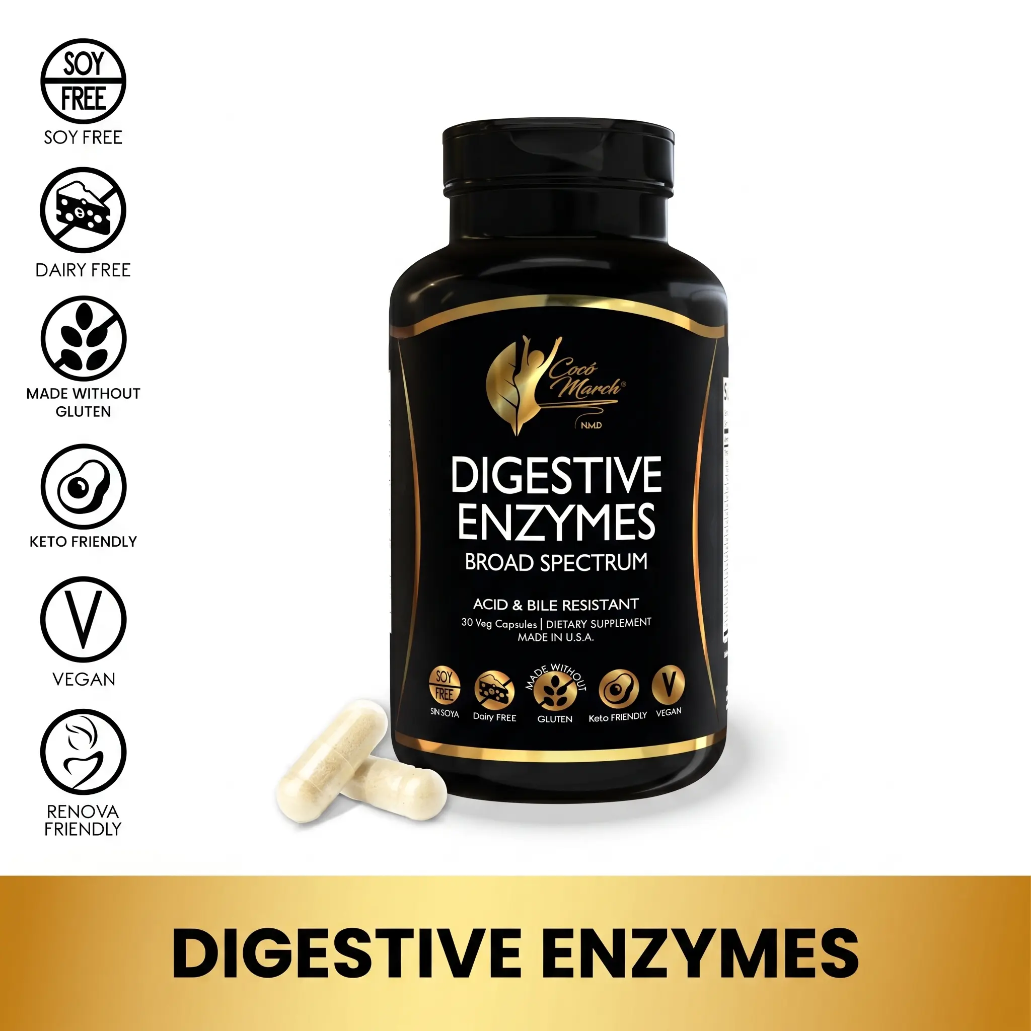 Coco March N.M.D Digestive Enzymes - 18 Powerful Enzymes For Digestive Support For Adults & Children - Acid And Bile Resistant - Dairy Free, Vegan - 600 Mg Proprietary Blend - 30 Capsules