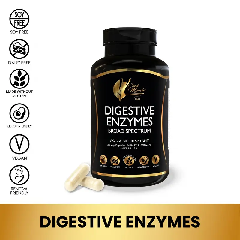 Cocó March N.M.D Digestive Enzymes - 20 Powerful Enzymes For Digestive Support For Adults & Children - Acid And Bile Resistant - Dairy Free, Vegan - 600 Mg Proprietary Blend - 30 Capsules