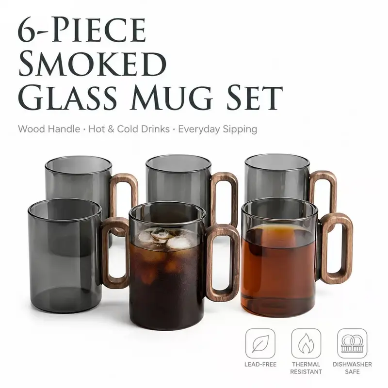 6-Piece Modern Cylindrical Coffee Cups Set - Black Borosilicate Glass Mugs with Wooden Handles, Heat-Resistant, Lead-Free Kitchen Drinkware for Home Coffee, Hot Milk Serving