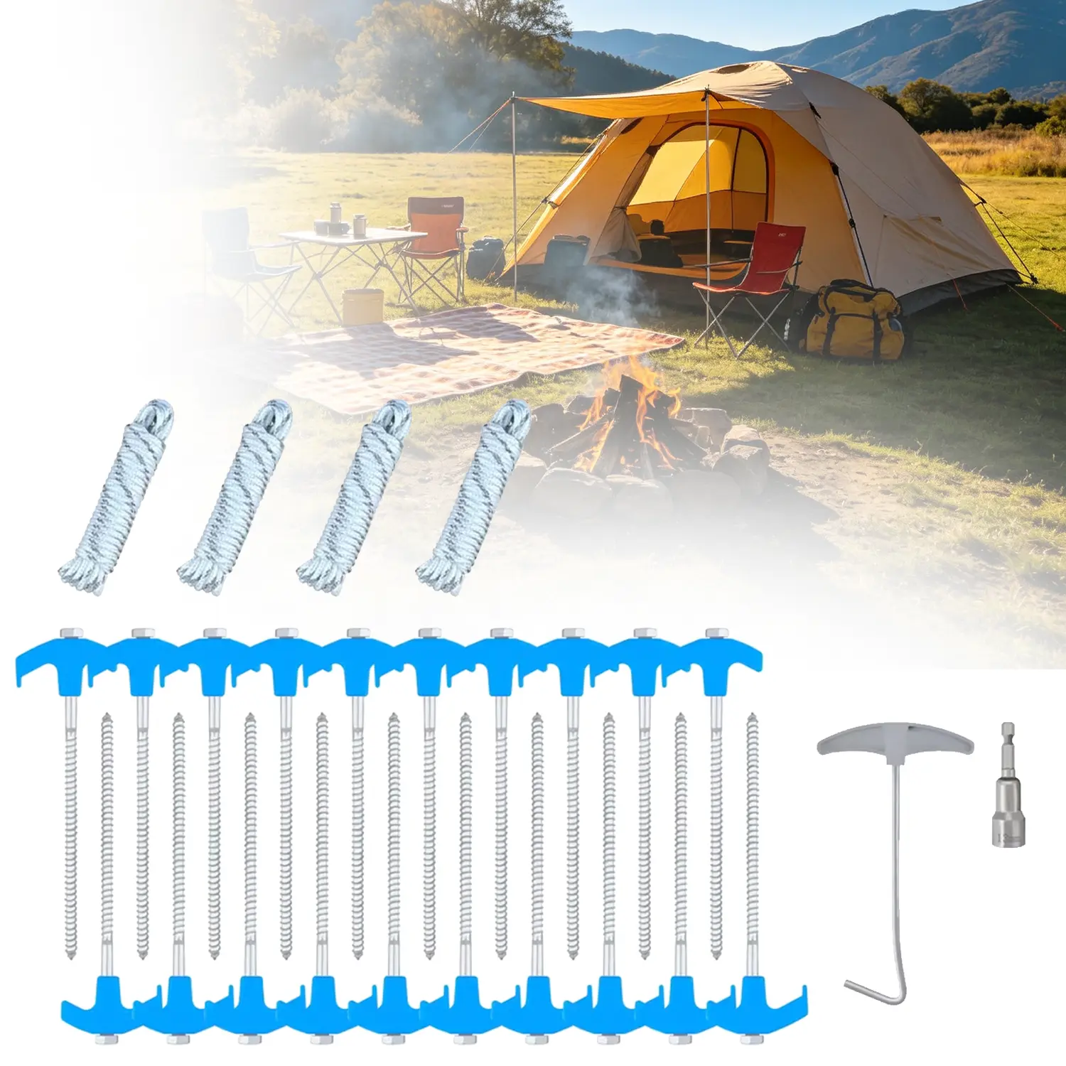 Heavy-Duty 26-Piece Outdoor Camping Tent Stake Set - 20x8-in Stakes, 4x4m Ropes, 1xT-Handle Pull Hook, 1xMagnetic Hex Nut Driver, Multi-Tool Accessory for Secure Fit on Grass, Rocky Terrain