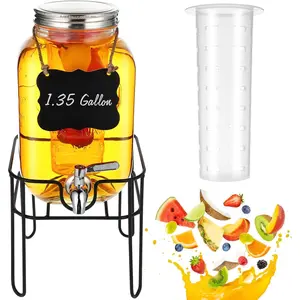 1.35 Gallon Glass Beverage Dispenser with Stand & Stainless Steel Spigot, with Fruit Infuser for Parties, Lemonade, Iced Tea, Juice, Laundry Detergent