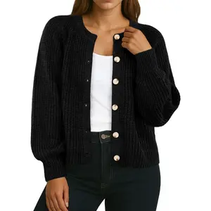 GRECERELLE Women's Chunky Open Front Sweater Long Sleeve Button Knit Short Loose Cardigan Outerwear, S-2XL