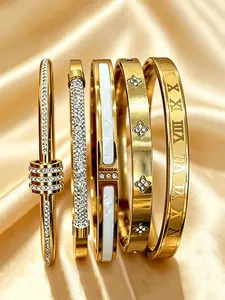 New European and American Trendy Stainless Steel Bangle Set, Fashionable Bangles, 5-Piece Floral Design, Synthetic Zircon, Couple Bracelets, Party Gift