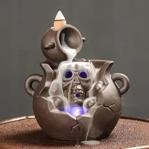 1pc, Purple Clay Backflow Incense Burner Ceramic Halloween LED Skull Design Home Decoration Boy Gifts (Without Incense)