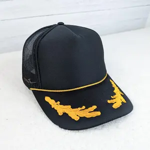 Black Foam Trucker Hat With Embroidered Gold Leaves