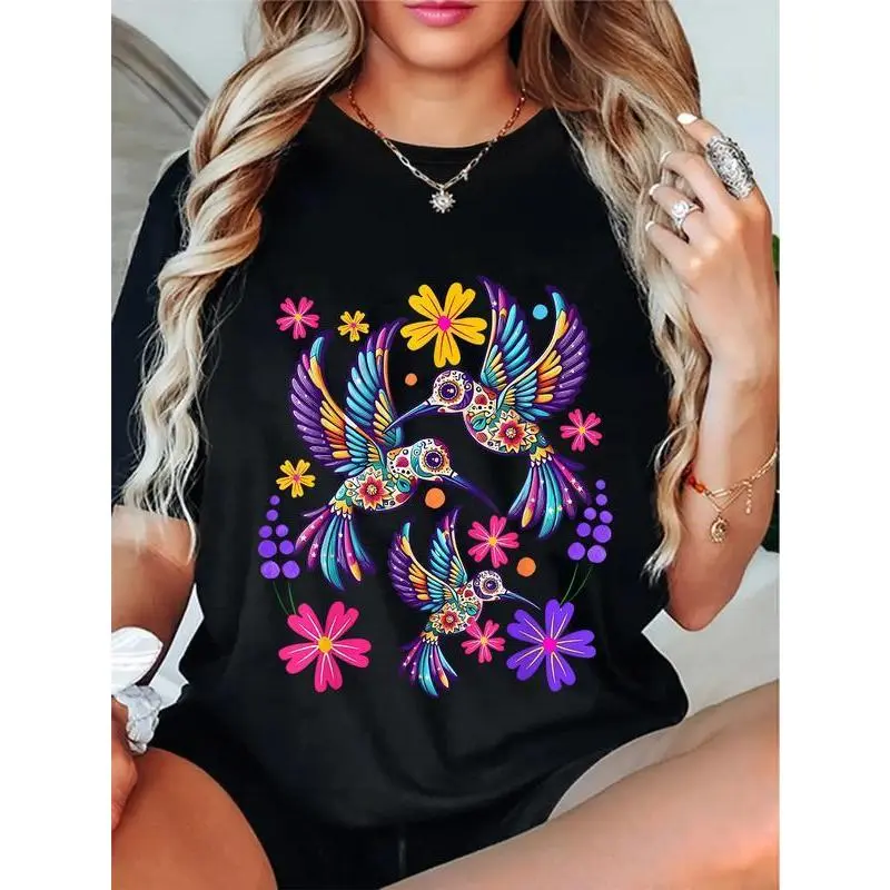 Unisex Hummingbird Colorful Mexican Flowers Bird Floral Nature T-Shirt Novelty Graphic T Shirt funny tshirt Undershirts Tees Casual Streetwear Classic Plain Men's Women Cotton Moisture Wicking Short Sleeve Crew Neck trendy t-shirts
