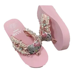 Cute kitten thick-soled flip-flops thickened thick-soled fashionable rhinestone gem pearl beach slippers