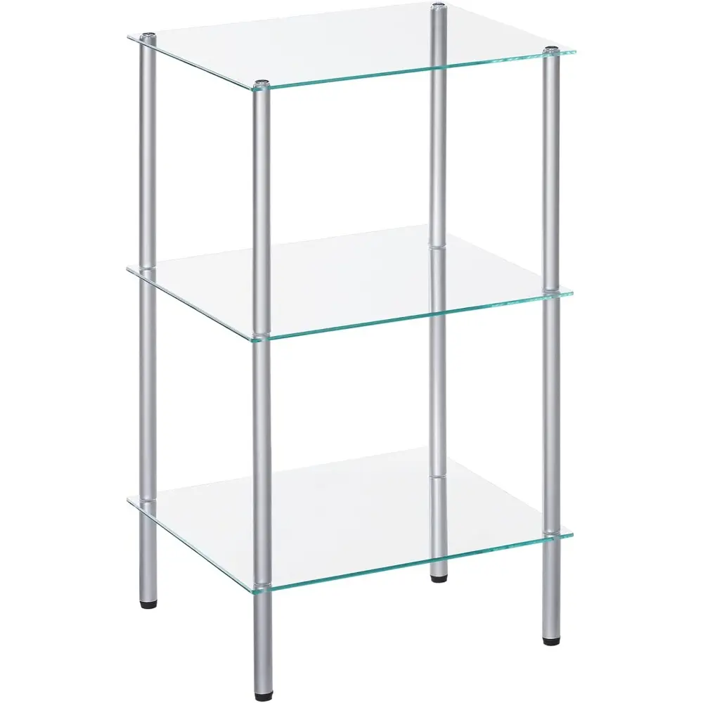 Glass Shelf, 3 Tier Standing Shelf Unit, Tempered Glass Shelving Stand for Small Space, Stand Organizer, Space-Saving, for Bathroom, Bedroom, Steel Frame, Silver