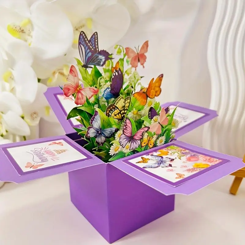 3D Pop-up Birthday Card, 1 Count Butterfly & Flower Design Birthday Greeting Card with Birthday Wishes, Handwritten Note, Handwritten Messages & Envelope, Interactive Greeting Card, Creative Gift for Parents, Friends, Grandparents, Pop Up Cards