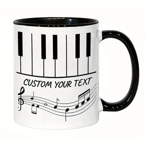 2026  Personalized 11oz Ceramic Piano Keyboard Coffee Mug with Musical Notes - Customizable Text, White with Black & Red Music-Themed Design, Contrast Handle, Hand Wash Only, Reusable Gift for Music Lovers & Coffee Enthusiasts