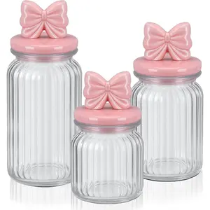 3 Set  Bow Candy Glass Jars with Ceramic  44oz 33oz 22oz Summer Bow Cookie Jars Airtight Glass  Storage Containers for Spring Summer Party  Cookie Snacks Sugar