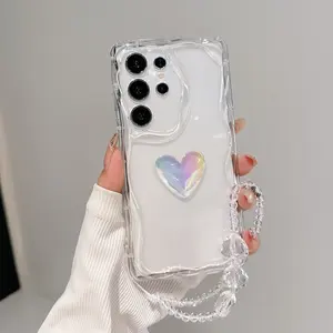 Transparent Water Ripple Dreamy Laser Heart Phone Case+Crystal Hanging Chain For OPPO A6T A17 A17K A6 A5 A3 Pro A6X A6S A40 A38 A18 A80 A60 A78 A57 A77 A79 A58 Back Cover