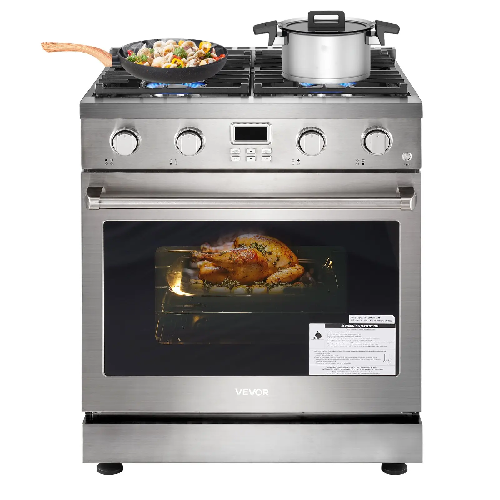 【Summerfinds】VEVOR Freestanding Stainless Steel Gas Range Convection Oven Cooking Equipment, 29.9 in Width, 4 Sealed Cooktop Burners, Easy-Reach Racks, Halogen Light, 4.8 Cu. Ft. Capacity, for Home Kitchens