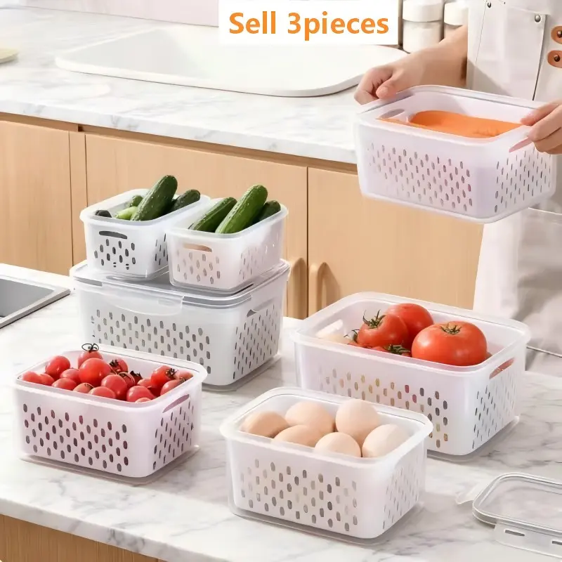 3-Piece Large Capacity Plastic Organized Food Storage Containers, Removable Drainer Basket, Dishwasher Safe, Extend Freshness of Fruits and Vegetables