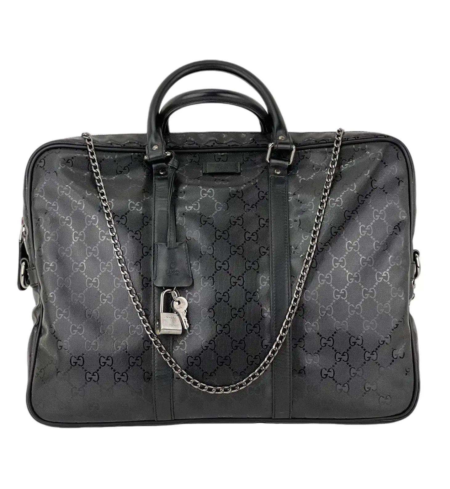 Pre-owned GUCCI Canvas Professional & Technology Bags Black Coated GG Imprime Briefcase Professional & Technology Bag with Silver Key Lock, Zip, Keys+Strap, Fits 10'' to 21'' Devices
