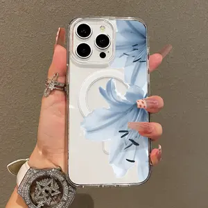 Soft Girl Magnetic Case for iPhone11/12/13/14/15/16/17/promax, Light Blue Lily Art Lightweight, Drop-Proof, MagSafe Compatible | Perfect for Teen Girls