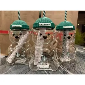 2025 Holiday Collection Viral Bearista Cold Cup, Cute Teddy Bear Glass CUp With Green Beanie-Style Lid & Stripped Straw, Nostalgia Coffee Mugs, Beer Wine Cocktail Drinks Glassware, New Model Bear Glass Cups