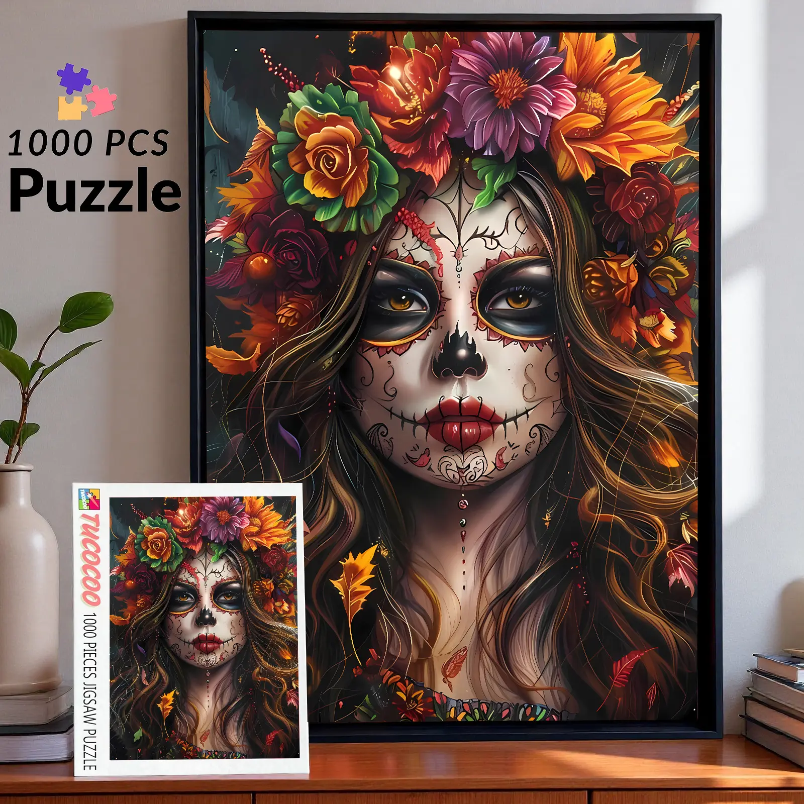 Sugar Skull Woman 1000 Pieces Jigsaw Puzzle Day of the Dead Art for Adults Relaxing Brain Challenge Family Fun Ideal Gift Wall Decor 27.5x20inch Eco-Conscious Recycled Cardboard