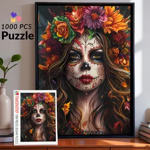Sugar Skull Woman 1000 Pieces Jigsaw Puzzle Day of the Dead Art for Adults Relaxing Brain Challenge Family Fun Ideal Gift Wall Decor 27.5x20inch Eco-Conscious Recycled Cardboard