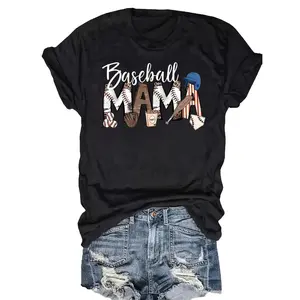 Women's Baseball Mom T-Shirt - Short Sleeve Round Neck Casual Blouse Top with Baseball Bat & Print, Spring Summer Outfit Suitable for Moms, Machine Washable Casual Attire