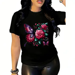 Wo Casual and Floral Print Round Neck T-Shirt - Black Background with Bright Pink, Purple,, and Green Colors, All-Season Washable Sports Top, Shirt, Daily Comfort, Fashionable Clothing, Comfortable Fit