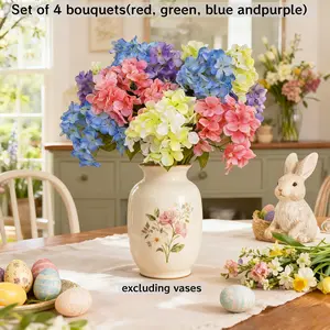 4 Pcs/Set Artificial Flower (Artificial Hydrangea Bouquets) - 35cm Silk Flower Stems in Pink/Green/Purple/Blue, Realistic Faux Floral for Wedding Party Birthday Table Centerpiece, Window Box Planter, Home Spring Summer Decor, Reusable Easy to Mix & Match