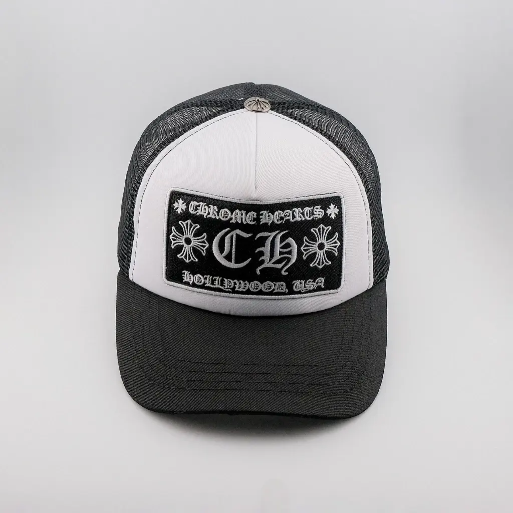 Chronic Hearts Trucker Hat - Black & White Mesh Design with Logo Patch, Adjustable Fit, Ideal for Casual Wear