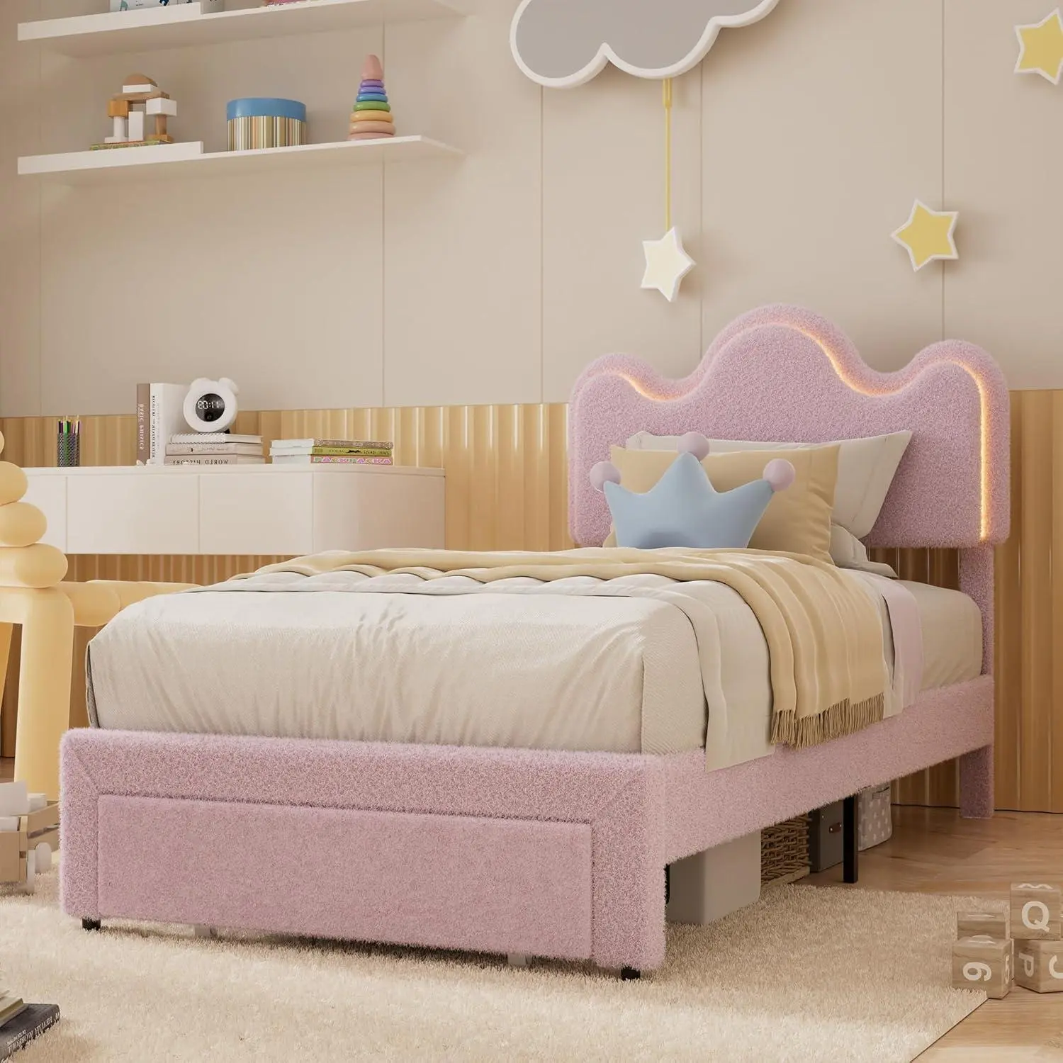 Queen Size Princess Bed Frame with LED Headboard and Storage Drawers Adjustable Boucle Platform Bed for Girls No Box Spring Needed Pink
